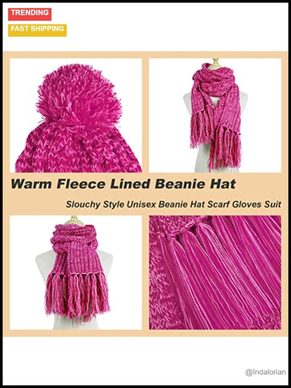 3 in 1 Knit Winter Hat Scarf Glove Set Touch Screen Fleece Lined Pom Pom Beanie